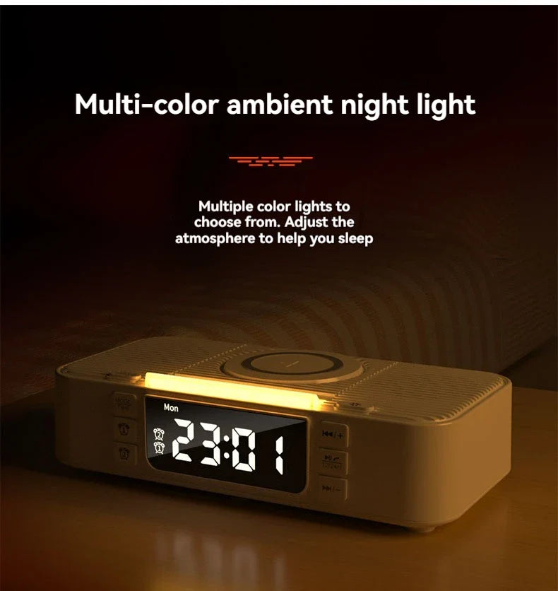 Portable Bluetooth Speaker with Wireless Charging Atmosphere Light Clock Alarm Function Double Speaker USB Charging