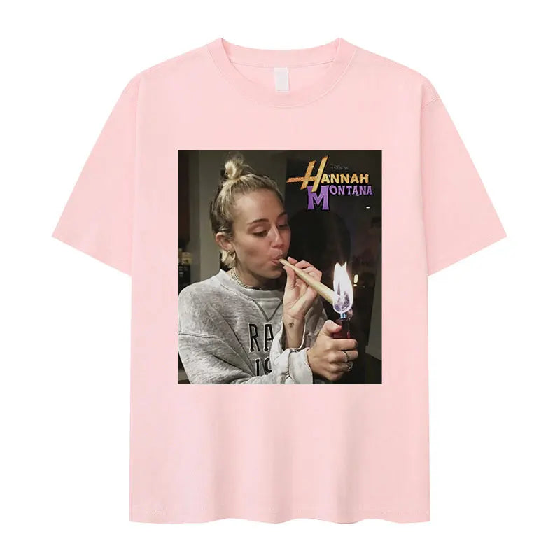 Miley Cyrus Funny Smoking Graphic T-Shirt | Hannah Montana Vintage Aesthetic Men’s & Women’s Casual Oversized Cotton Tee - Premium T-Shirt from Lizard Vigilante - Just $26.66! Shop now at Lizard Vigilante