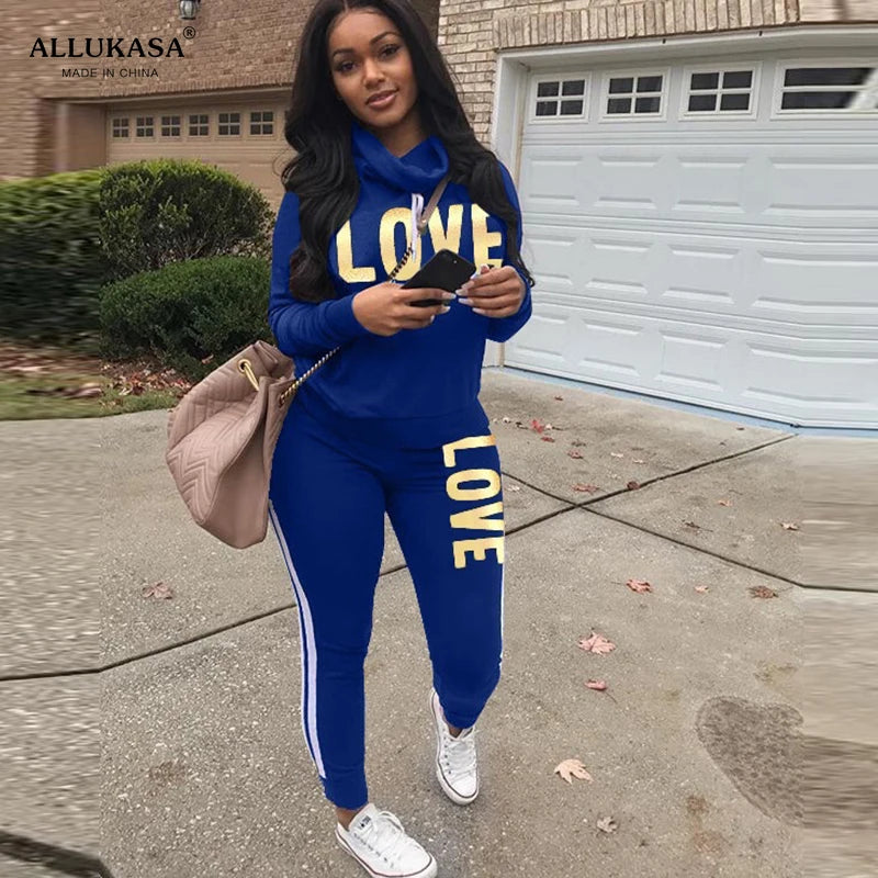 Women’s LOVE Letter Print Two-Piece Tracksuit – Stylish High Neck Hoodie & Pants Set - Premium hoodie set from Lizard Vigilante - Just $38.88! Shop now at Lizard Vigilante