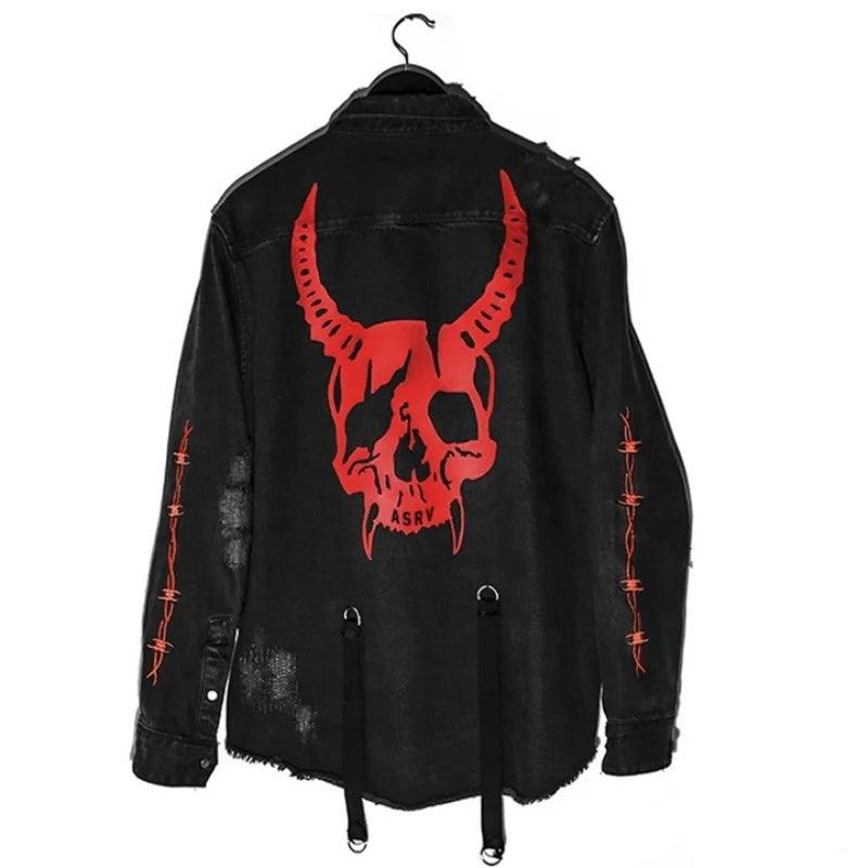 Demon Skull or Snake Hunter Black Denim Jacket Rock Punk Heavy Metal Harajuku Gothic Sweatshirt Sudadera Suspenders Hole Streetwear - Premium denim jacket from Lizard Vigilante - Just $44.99! Shop now at Lizard Vigilante