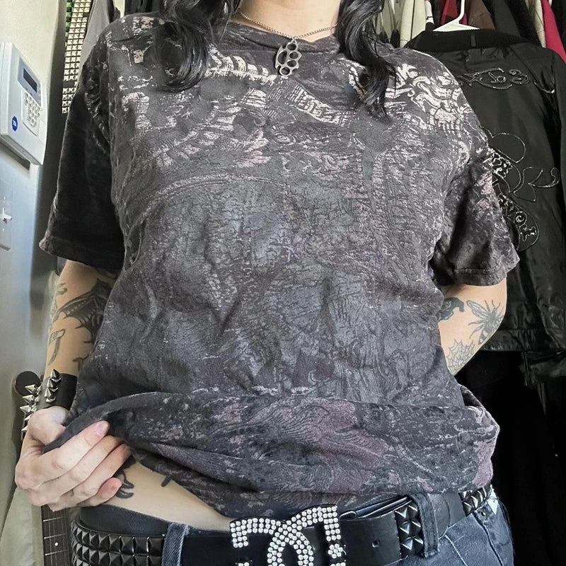 2000s Aesthetic Mall Goth E-girl Gothic T-shirt Retro Y2K Grunge Skull Wing Crop Tops Indie Graphic Print Short Sleeve Tee Women - Premium T-Shirt from Lizard Vigilante - Just $29.99! Shop now at Lizard Vigilante