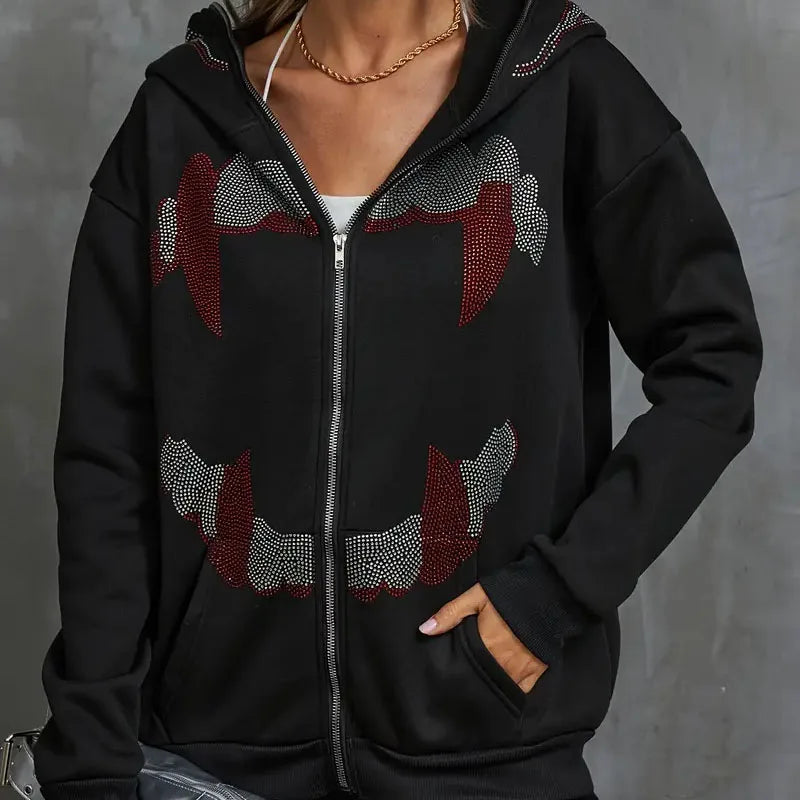 Autumn Fashion Punk Y2k Gothic Grunge Rhinestones Teeth Zip Up Hoodies Long Sleeve Coat Sweatshirt Jacket Streetwear - Premium sweatshirt from Lizard Vigilante - Just $29.99! Shop now at Lizard Vigilante