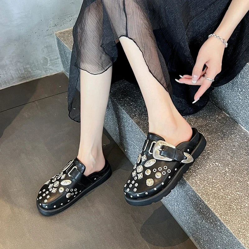 2024 MODX Women’s Punk Rock Leather Mules with Rivets – Platform Casual Slides for Creative Style and Comfort - Premium slippers from Lizard Vigilante - Just $53.88! Shop now at Lizard Vigilante