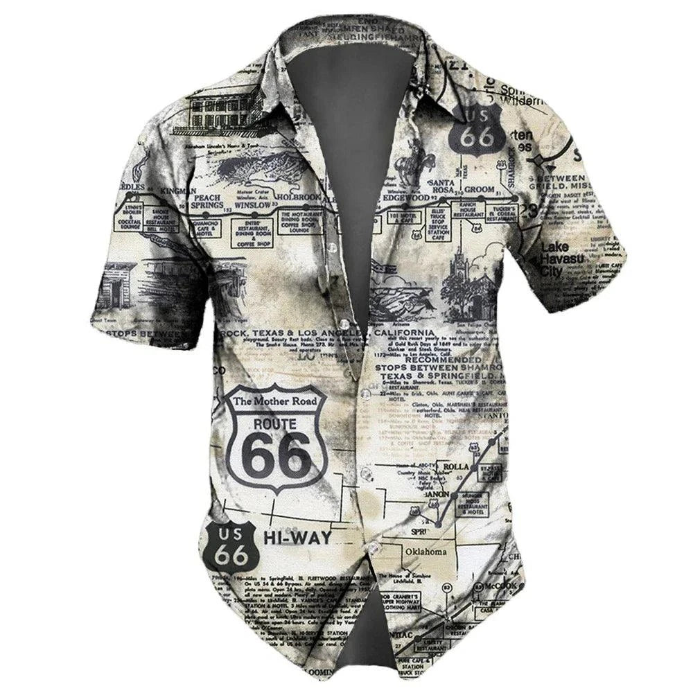 "U.S. Route 66 Retro Hawaiian Shirt" - 3D Fashion Short Sleeve Streetwear for Men - Premium hawaiian shirt from Lizard Vigilante - Just $26.66! Shop now at Lizard Vigilante