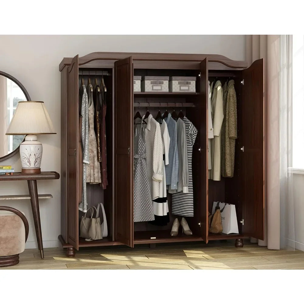 4-Door Freestanding Wardrobe Armoire Closet with Raised Panel Doors - Eco-Friendly Pine Wood, Modern Mocha Finish - Premium Armoire from Lizard Vigilante - Just $988.88! Shop now at Lizard Vigilante