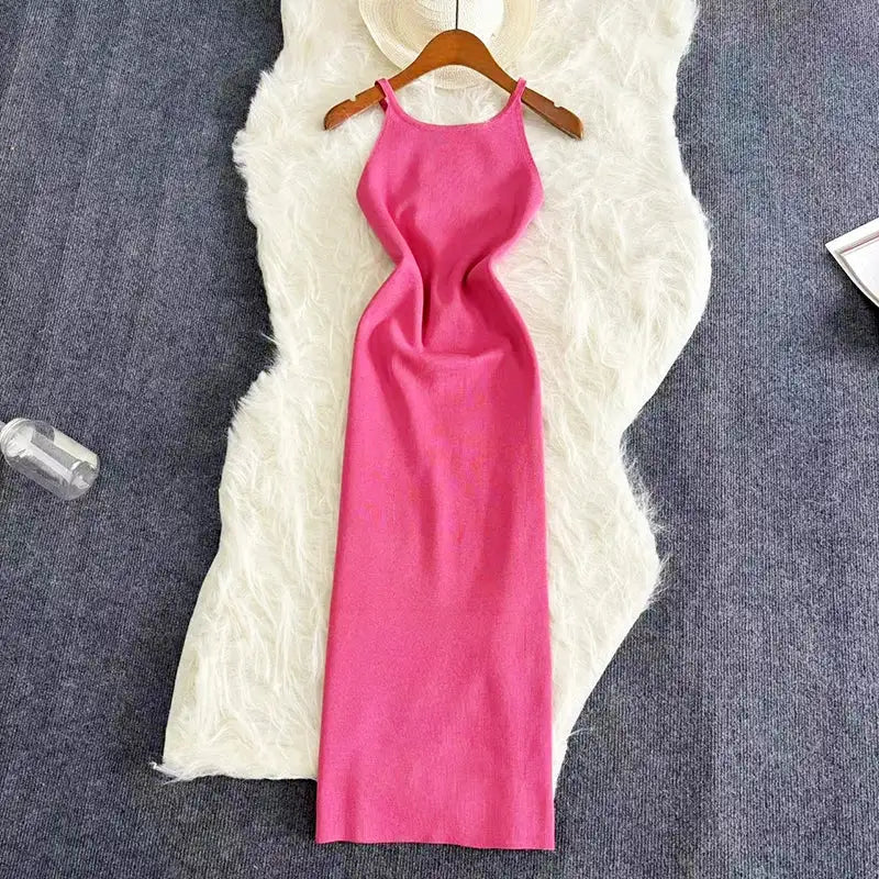 2024 Sexy Summer Knit Strap Dress Women Halter Elatic Waist Bodycon Sundress Female Beach Solid Maxi Long Dress