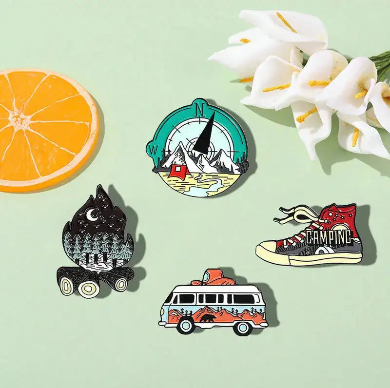 Camping Life Enamel Pin Outdoor Compass Canvas Shoe Bonfire Tent Motorhome Brooches Bag Lapel Pin Badge Jewelry Gift for Friends