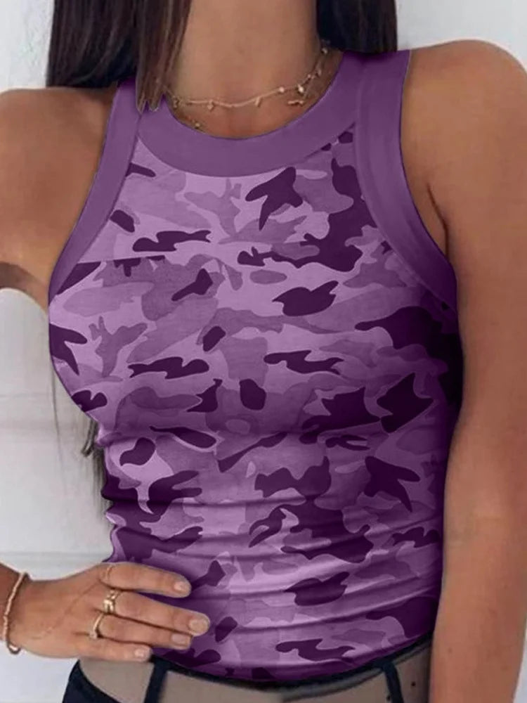 Women’s Casual Camo Round Neck Ribbed Tank Top - Premium vest from Lizard Vigilante - Just $25.88! Shop now at Lizard Vigilante