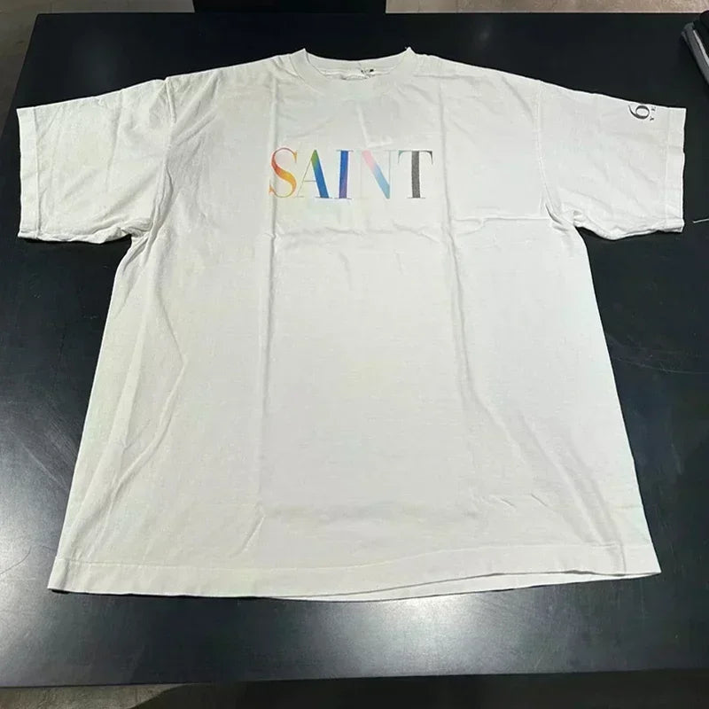 Men Women High Street Vintage Washed Black T-Shirt Top Quality Cototn TEE 3D Cracked Letters Logo Print Saint T Shirt With Tags - Premium  from Lizard Vigilante - Just $64.99! Shop now at Lizard Vigilante