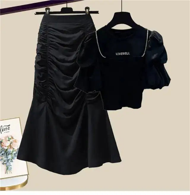 Spring/Summer Set Women's New Korean Edition Sweet and Spicy Bubble Sleeve Spliced Top Age Reducing Half Skirt Two Piece Set