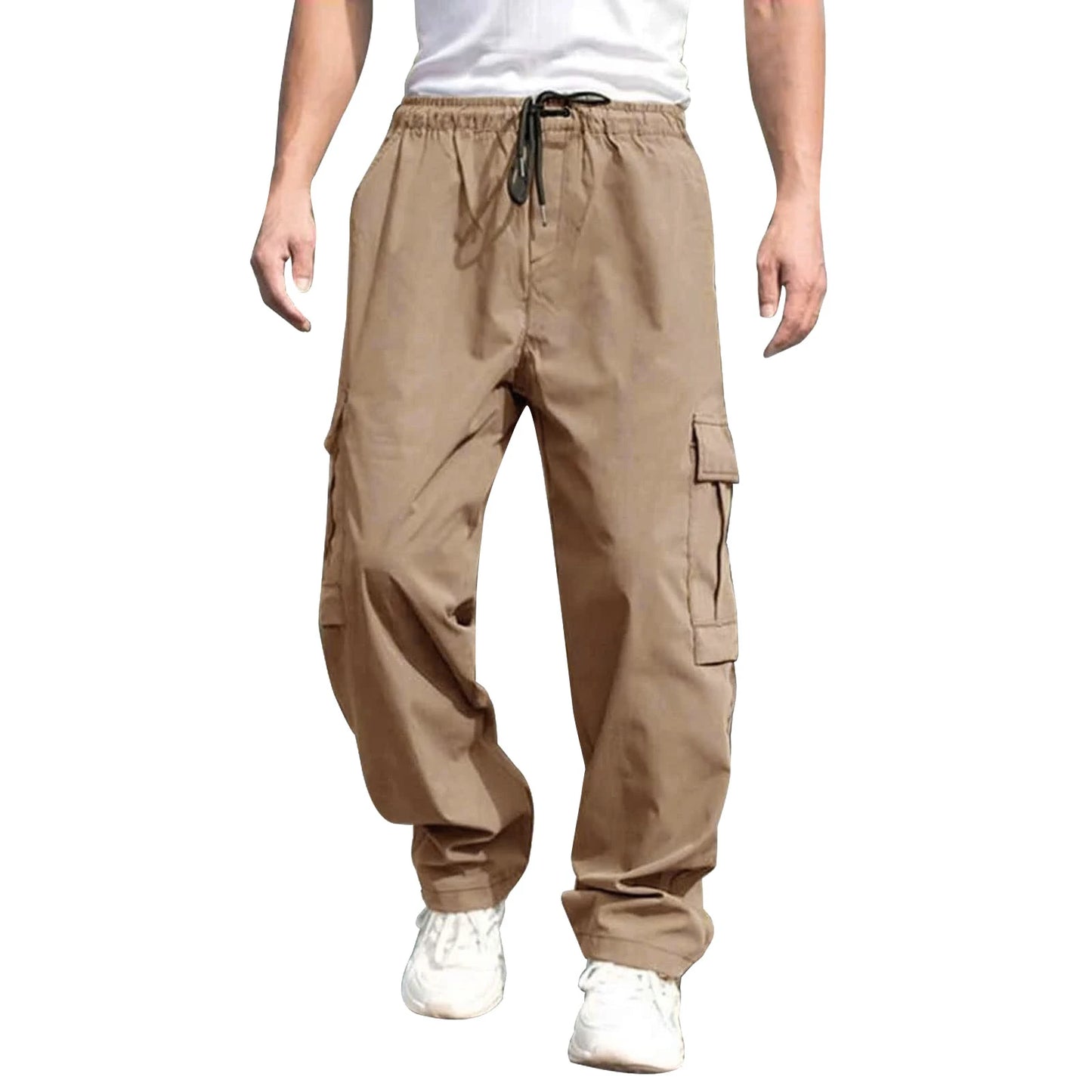 Men’s Loose Cargo Pants – Solid Color Drawstring Waist, Straight Leg Casual Work Trousers with Pockets - Premium cargo pants from Lizard Vigilante - Just $27.99! Shop now at Lizard Vigilante