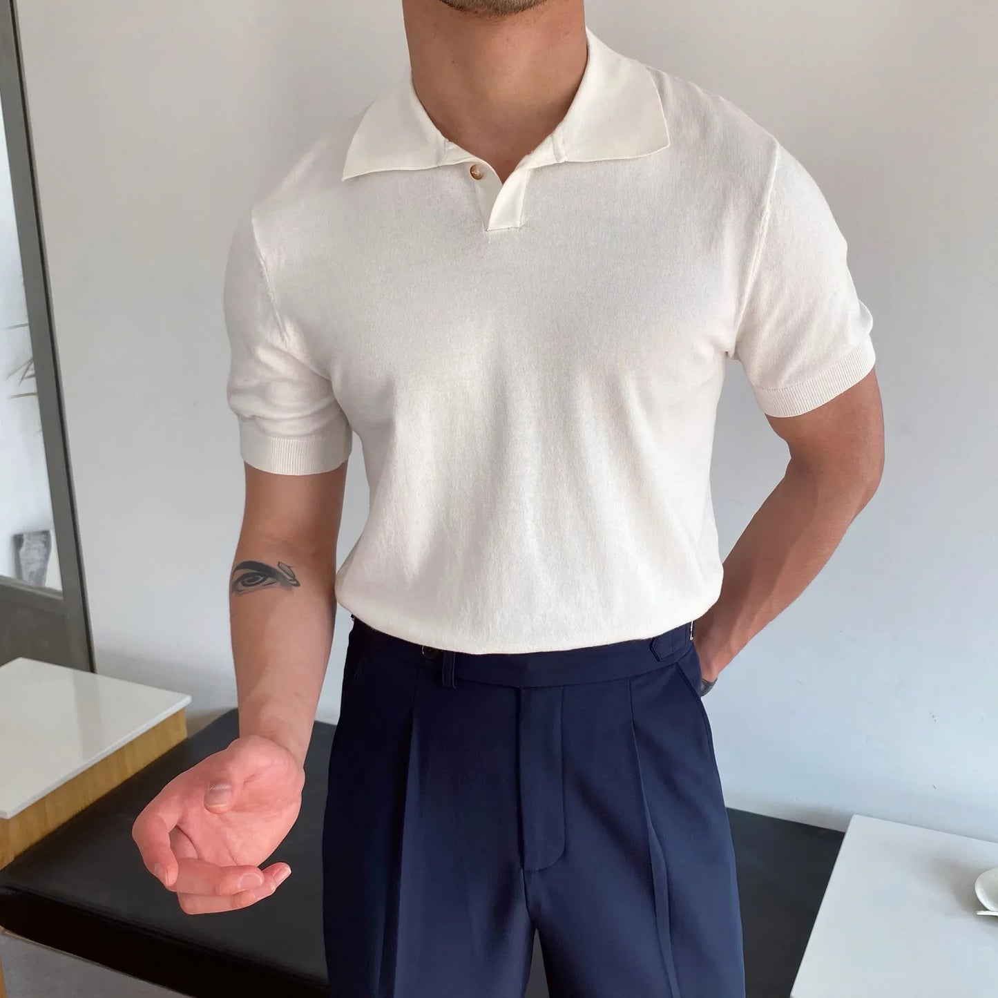 Men's Polo Shirt Elbow-Sleeved T-shirt Fashion Polo Collar Slim-Fit Men Clothing Woolen Sports Polo Tee Shirt Man Golf Shirt EUR