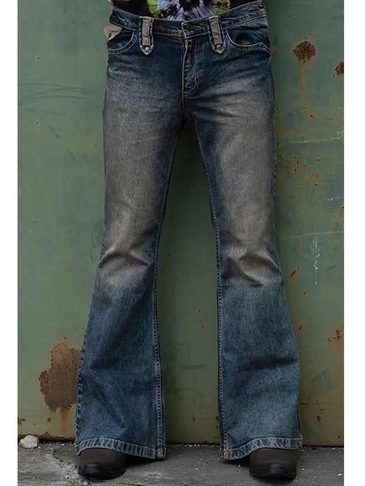 Punk Style Men Flared Baggy Jeans Bootcut Leg Distressed Patchwork Denim Pants New Designer Bell Bottom Trousers Fall Winter - Lizard Vigilante