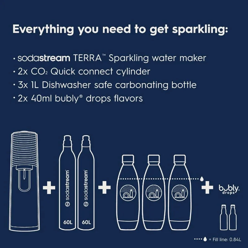 SodaStream Terra Sparkling Water Maker Bundle (Black) with CO2, DWS Bottles, and Bubly Drops Flavors - Includes Everything You Need for Fresh, Custom Sparkling Water - Premium soda maker from Lizard Vigilante - Just $188.88! Shop now at Lizard Vigilante