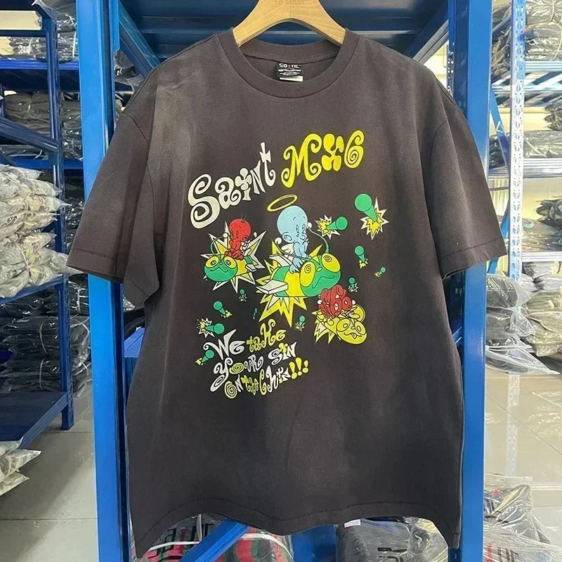 Men Women High Street Vintage Washed Black T-Shirt Top Quality Cototn TEE 3D Cracked Letters Logo Print Saint T Shirt With Tags - Premium  from Lizard Vigilante - Just $64.99! Shop now at Lizard Vigilante