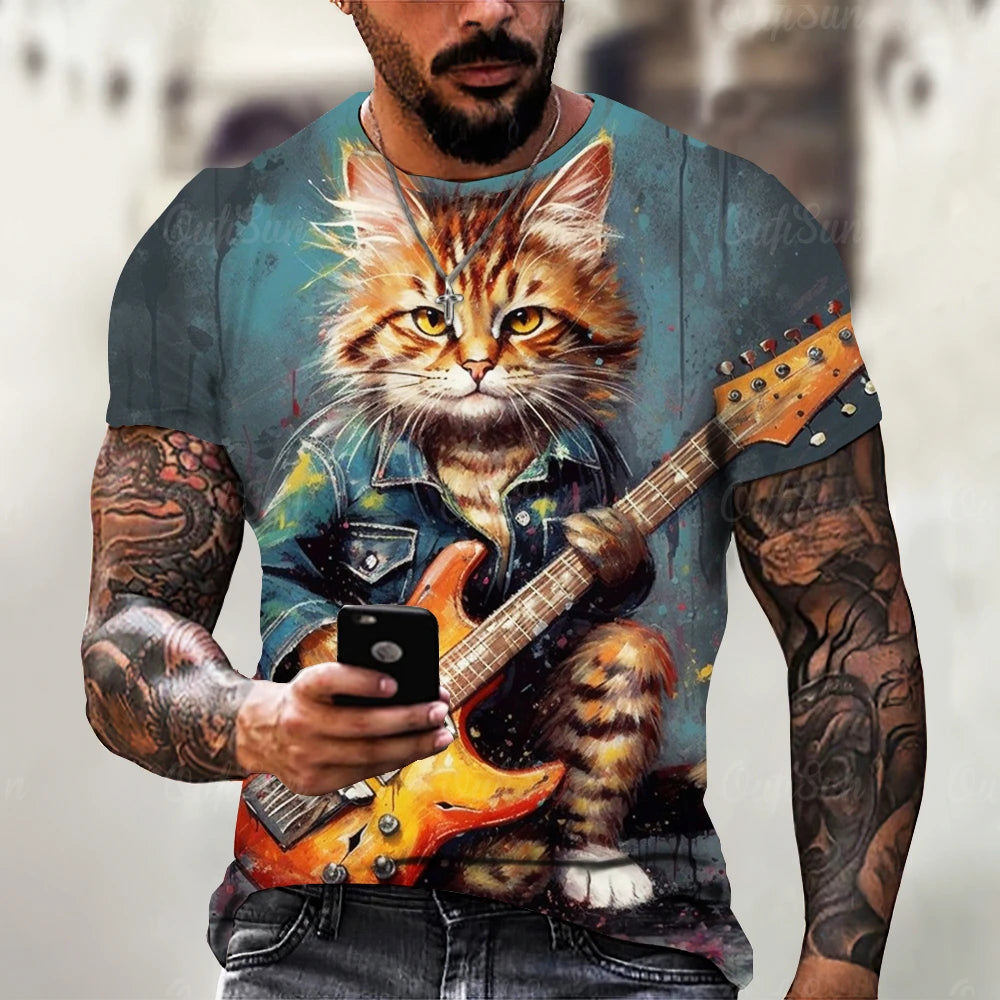 Funny T Shirt For Men Summer Short Sleeve Animal T-Shirts Rock Metal Cat 3d Print Fashion Casual Street Oversized Men's Clothing - Premium T-Shirt from Lizard Vigilante - Just $22.99! Shop now at Lizard Vigilante