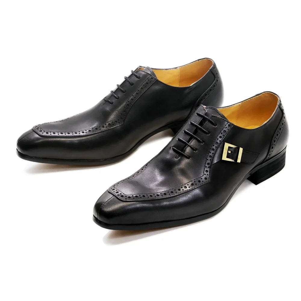 Men's Luxury Leather Oxford Dress Shoes – Brown/Black Formal Lace-Up with Buckle for Office, Business, and Wedding Vibes - Premium shoes from dsers - Just $155.99! Shop now at Lizard Vigilante