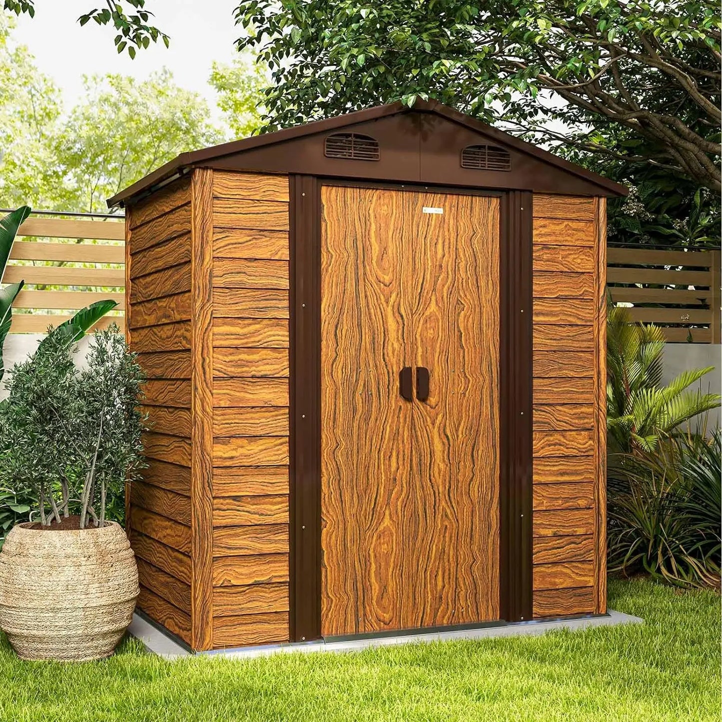 6x4 FT Wood-Look Metal Storage Shed - Durable Steel Outdoor Storage with Lockable Doors, Large Capacity Tool Organizer for Garden & Backyard - Premium shed from Lizard Vigilante - Just $389.99! Shop now at Lizard Vigilante