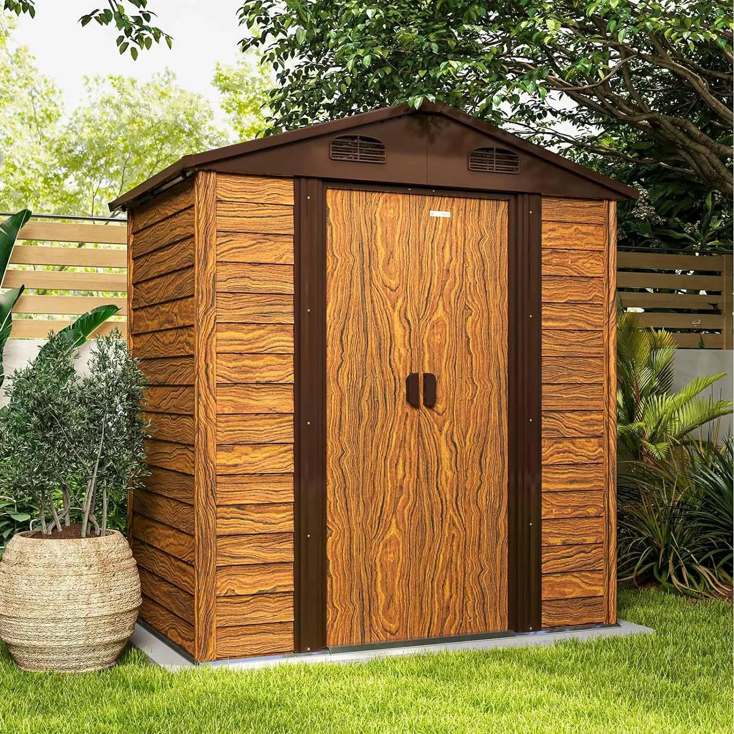 6x4 FT Wood-Look Metal Storage Shed - Durable Steel Outdoor Storage with Lockable Doors, Large Capacity Tool Organizer for Garden & Backyard - Premium shed from Lizard Vigilante - Just $389.99! Shop now at Lizard Vigilante