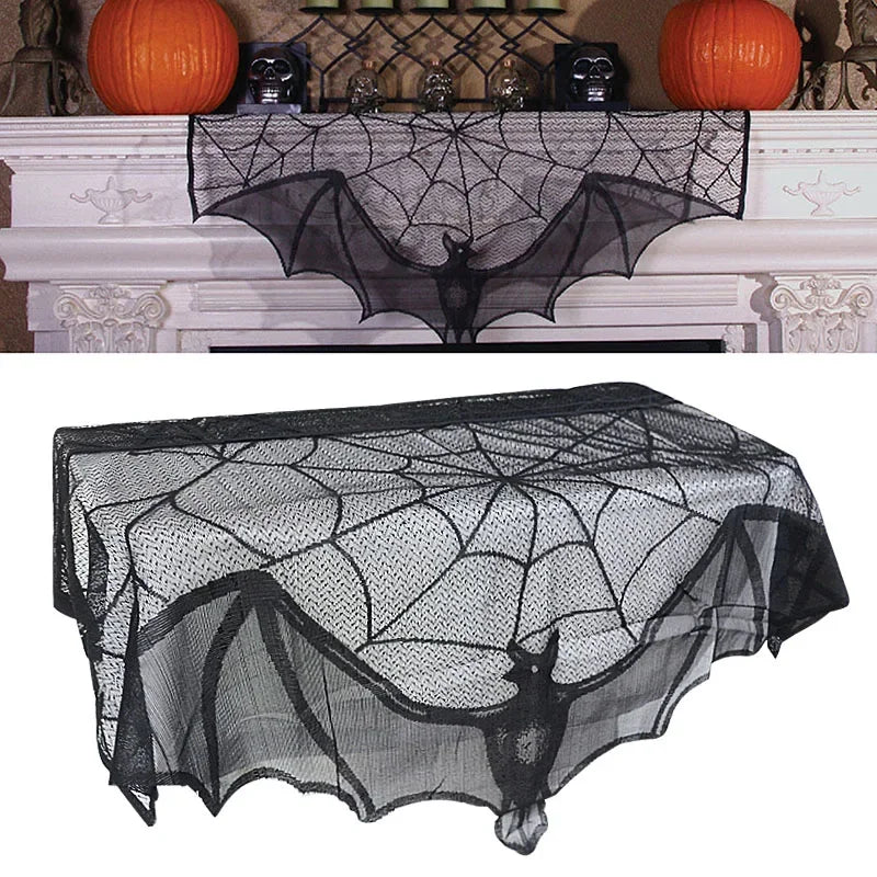 Halloween Decoration Bats Tablecloth Black Lace Spider Web Curtains for Lampshade Fireplace Halloween Party Decor Horror Props