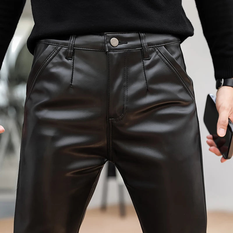 Men's Skinny Faux Leather Biker Pants – Moto-Style High-Waist Trousers for Stage and Club Wear - Premium pants from Lizard Vigilante - Just $48.88! Shop now at Lizard Vigilante