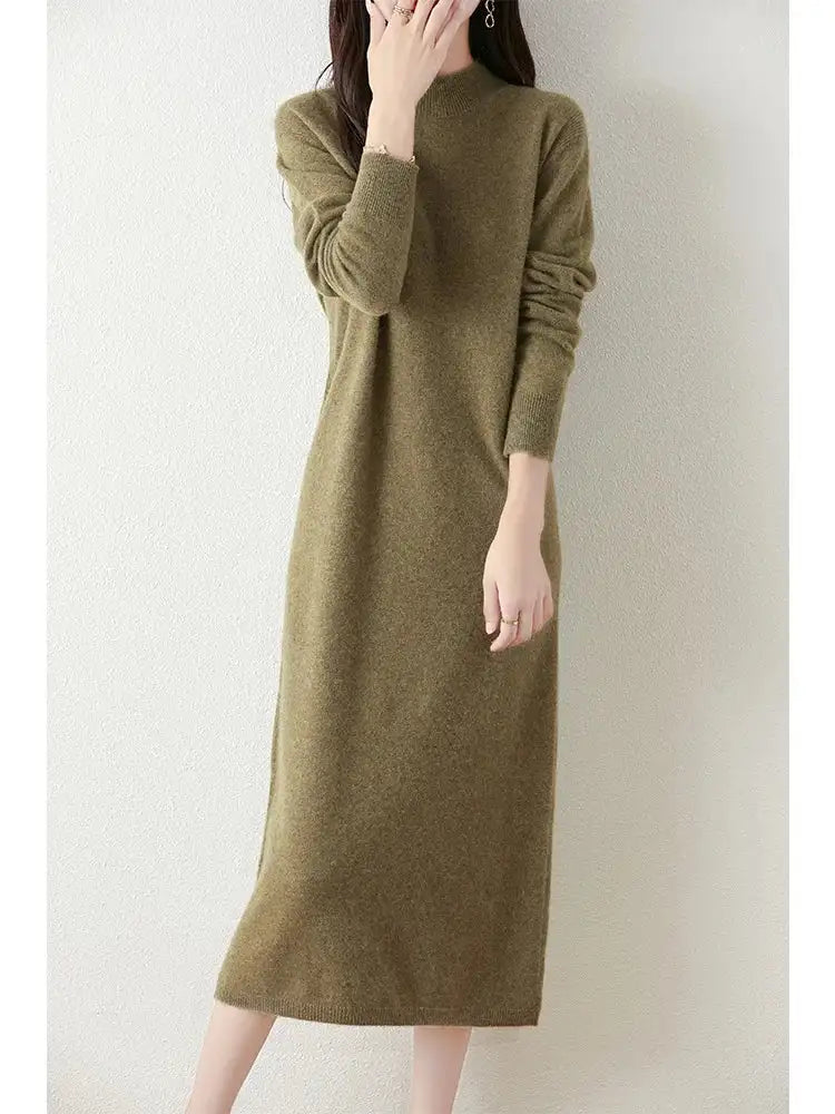 Autumn Winter Women's Wool Long Dress Cashmere Mock Neck Pullover Sweater 100% Merino Wool Soft Knitwear OL Simple Basic Dress