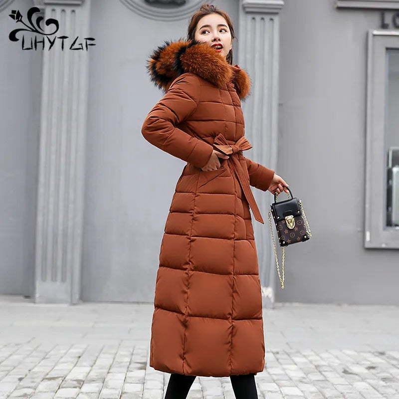 UHYTGF 2024 Winter Women's Long Parka – Bow Belt Fox Fur Collar Oversized Vintage Thick Coat - Premium coat from Lizard Vigilante - Just $58.88! Shop now at Lizard Vigilante