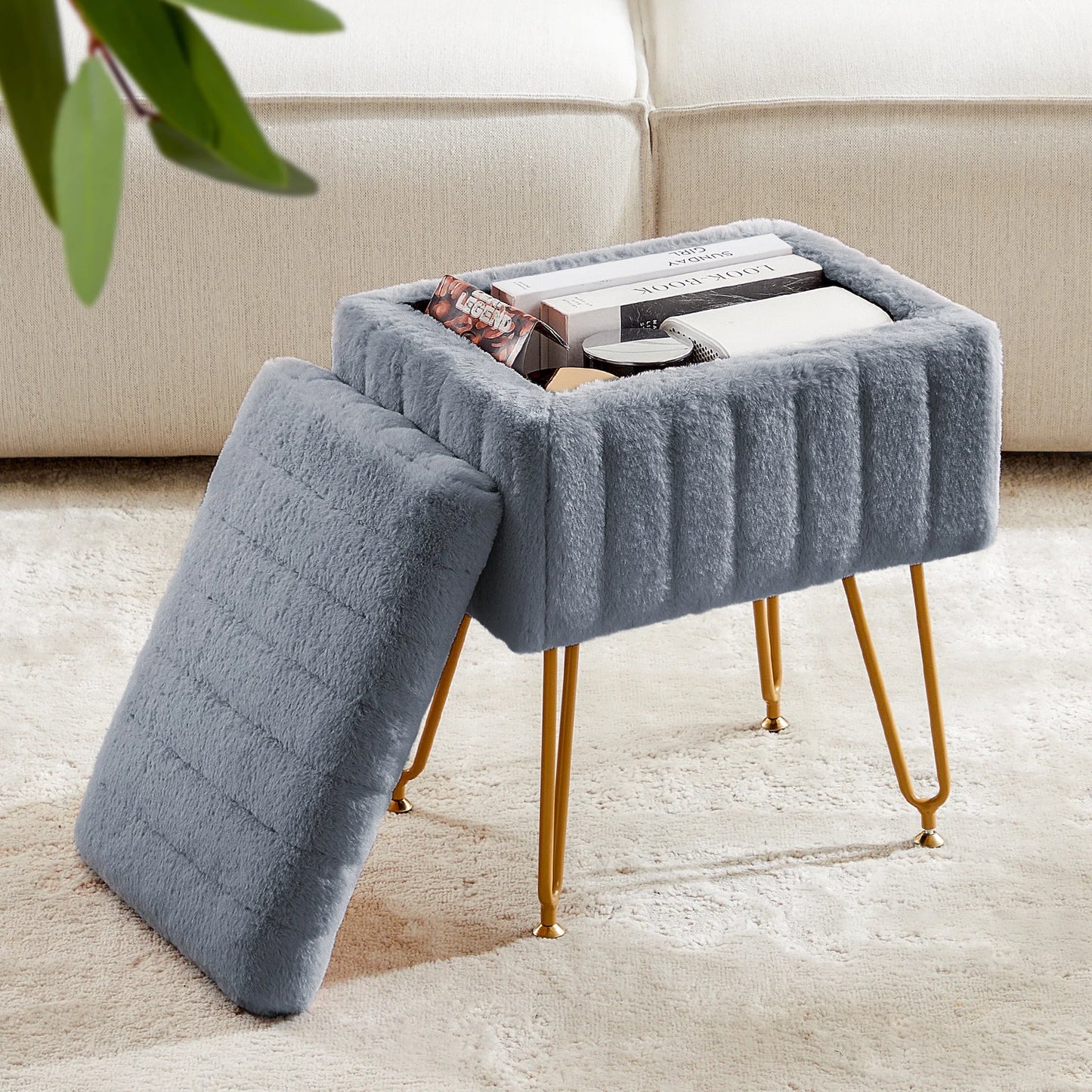 JHK Faux Fur Living Room Hidden Storage Stools & Ottomans Padded Makeup with 4 Metal Legs Anti-Slip Adjustable Feet for Home - Premium  from Lizard Vigilante - Just $85.99! Shop now at Lizard Vigilante