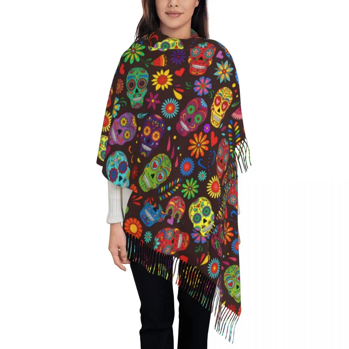 Day of the Dead Sugar Skull Colorful Flower Scarf – Warm Pashmina Shawl, Wrap for Women - Premium scarf from Lizard Vigilante - Just $23.66! Shop now at Lizard Vigilante