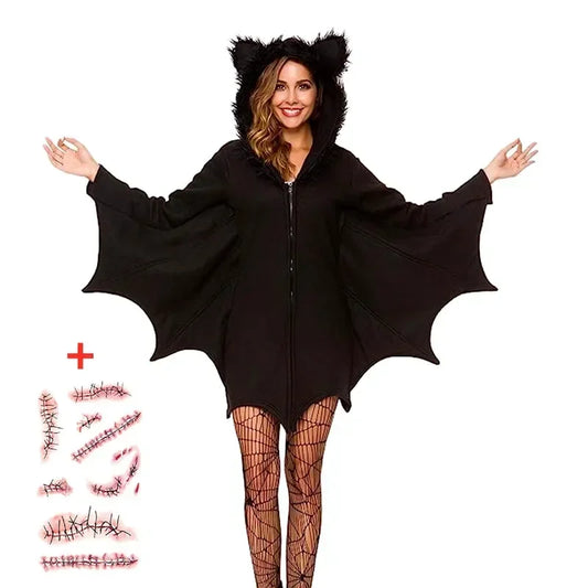 Halloween Women's Bat Dressup Costume Vampire Bat Cosplay Costume Anime Horror Dress Free Black Sexy Socks and Scar Sticker Gift