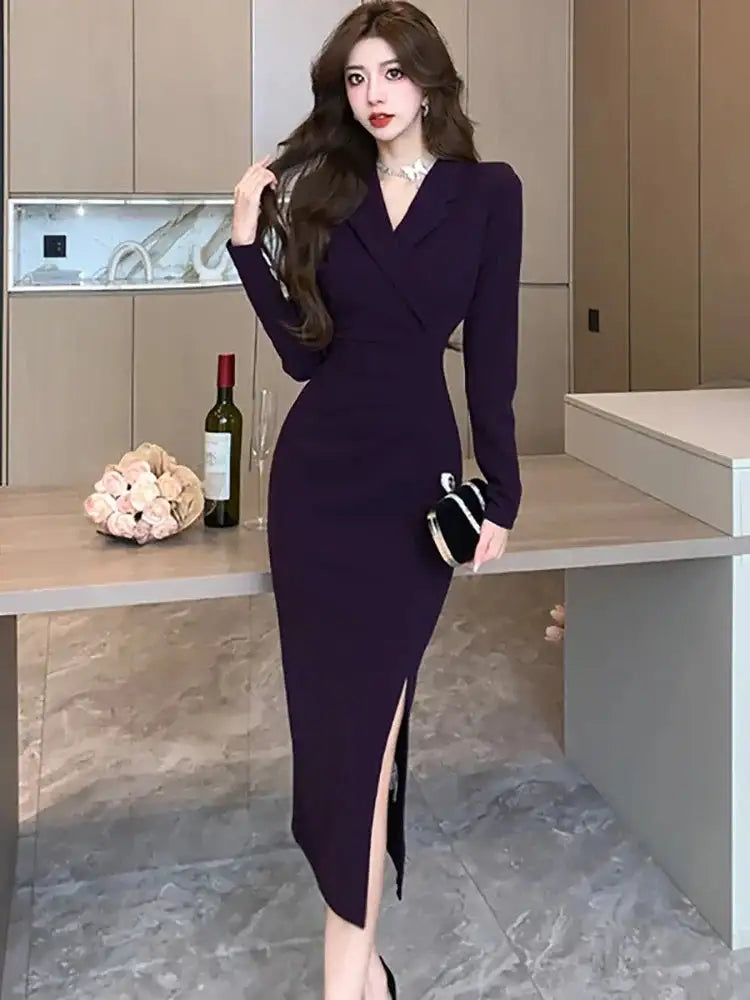 Women Pink Pleated Bodycon Formal Long Dress Autumn Winter Long Sleeve Chic Suit Dress 2025 Korean Fashion Elegant Party Dresses