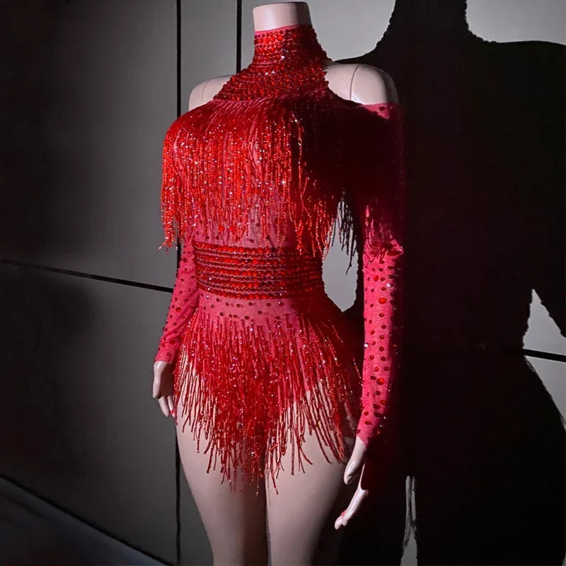 Red Rhinestone Fringe Bodysuit - Dazzle the Stage - Premium  from Lizard Vigilante - Just $98.88! Shop now at Lizard Vigilante