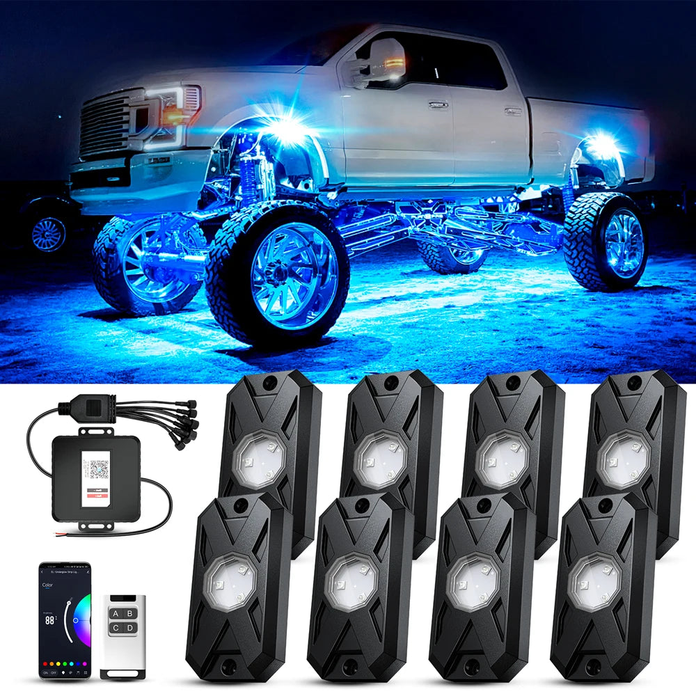 RGB LED Underglow Rock Lights - 8 Pods App Remote Control & Music Mode for Pickup, ATV, RZR, UTV - Premium rock lights from Lizard Vigilante - Just $84.99! Shop now at Lizard Vigilante