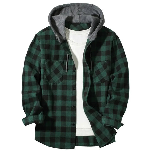 Men's Hoodies Shirts Classic Plaid Casual Button Down Hooded Long Sleeved Double Pockets Shirt Flannel Jacket Spring Autumn Tops - Premium jacket from Lizard Vigilante - Just $36.99! Shop now at Lizard Vigilante