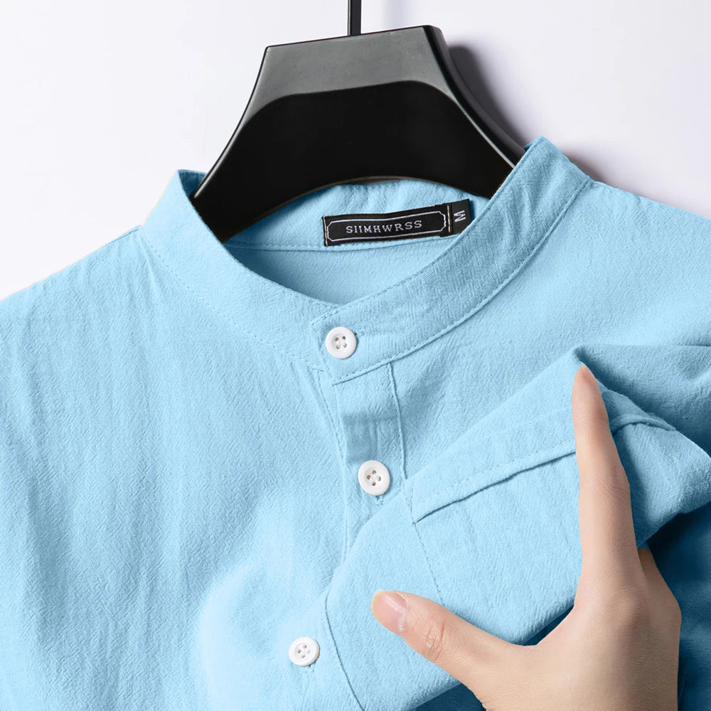 Summer Men's Stand Up Collar T Shirts Solid Color Short Sleeve Linen Shirt Trendy Breathable Loose Lightweight Basic Pocket Top - Premium  from Lizard Vigilante - Just $52.99! Shop now at Lizard Vigilante