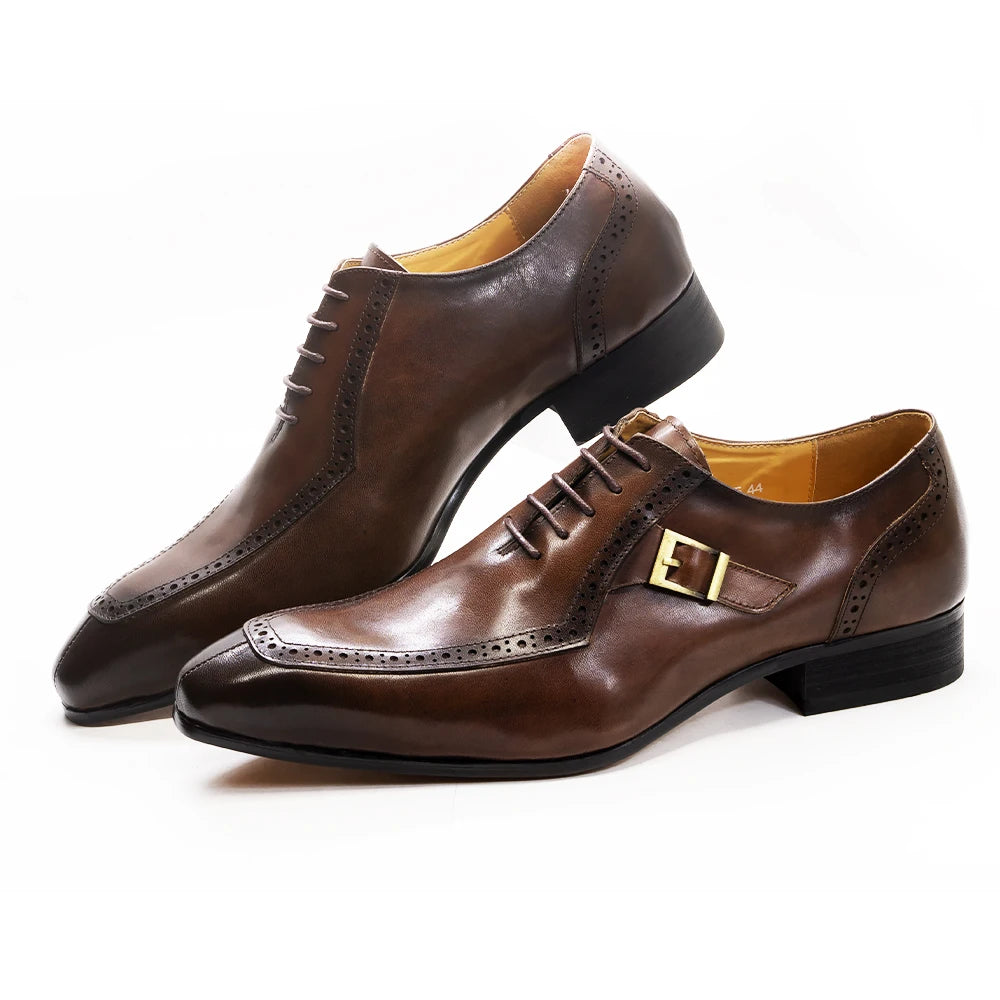 Men's Luxury Leather Oxford Dress Shoes – Brown/Black Formal Lace-Up with Buckle for Office, Business, and Wedding Vibes - Premium shoes from dsers - Just $155.99! Shop now at Lizard Vigilante