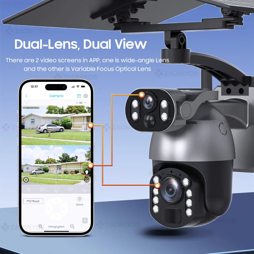 10MP 50x Zoom Dual Lens 4G SIM Solar Camera WIFI Outdoor Surveillance PTZ Human Detection Recording Security Night Vision Camera