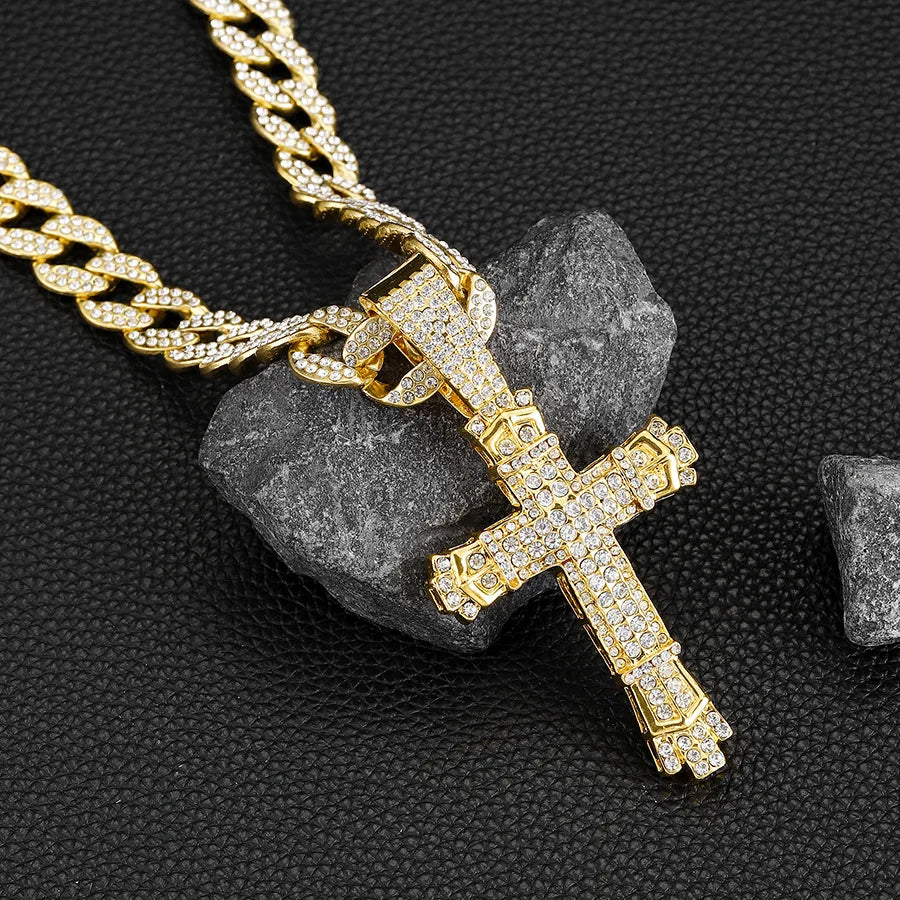 Rap Cross Pendant Necklace | Rhinestone Hip-Hop Jewelry | Unisex Gold and Silver Chains - Premium Necklace from Lizard Vigilante - Just $15.99! Shop now at Lizard Vigilante