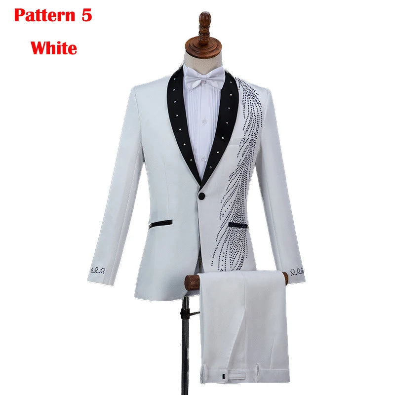 Mens Suits With Pants White Sparkly Crystals Embroidery Wedding Groom Tuxedo Suit Men Stand Collar Stage Costume Homme Mariage - Premium  from Lizard Vigilante - Just $88.88! Shop now at Lizard Vigilante