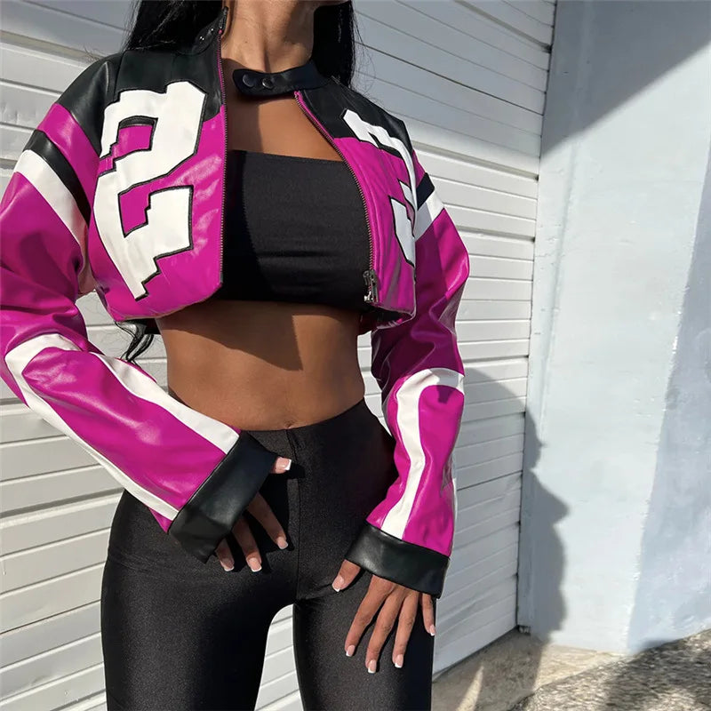 Crop Top Women's Leather Jacket Moto Biker Style Number Print Women's Jacket Fashion Outerwears Women's Moto Biker Zipper Jacket - Premium  from Lizard Vigilante - Just $58.99! Shop now at Lizard Vigilante