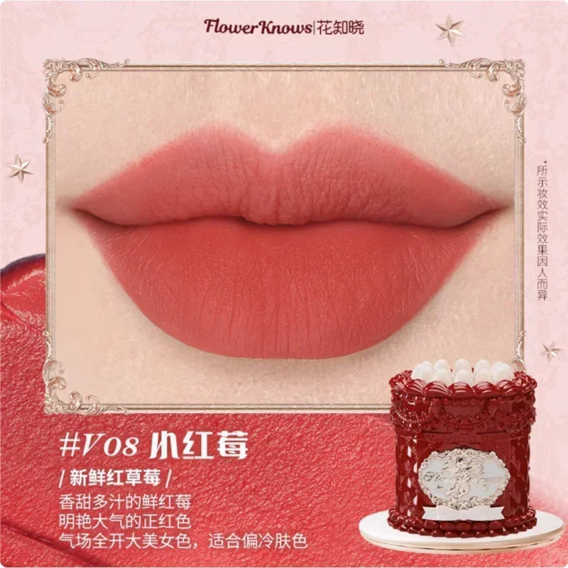 Flower Knows Strawberry Cupid Cake Lip Cream Lip Mud Matte Moisturizing Lipstick Silky Smooth Lip Makeup Professional Cosmetics