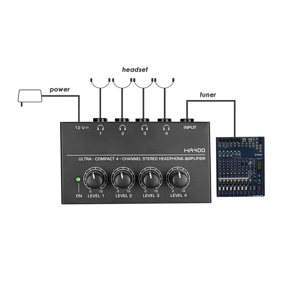 HA400 Ultra-Compact 4 Channels Headphone Amplifier Mini Audio Stereo Amp Amplifier with EU US Adapter For Music Mixer Recording - Lizard Vigilante