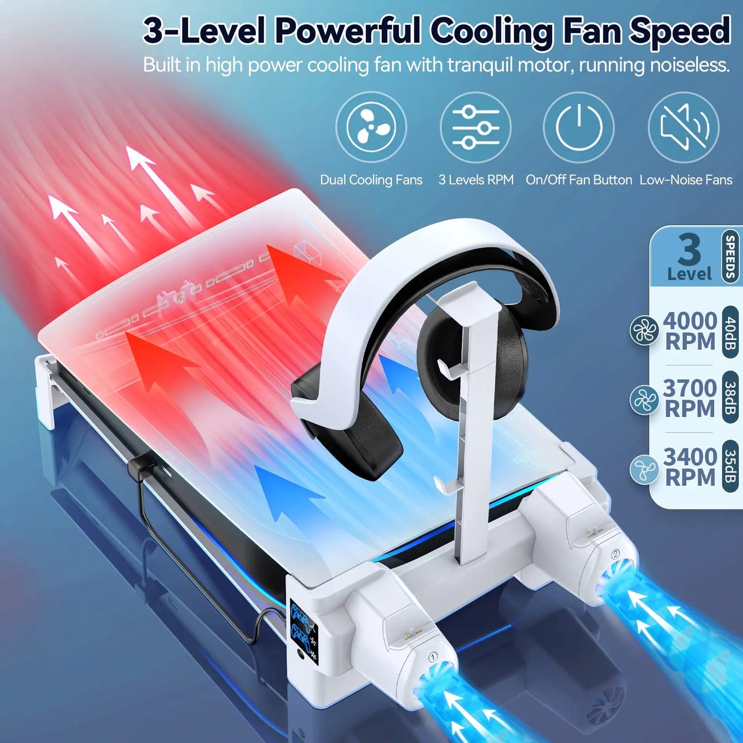 OIVO PS5 Horizontal Cooling Stand with 3-Level Fans – Controller Charging Station & Headset Holder - Premium cooling stand from Lizard Vigilante - Just $88.88! Shop now at Lizard Vigilante