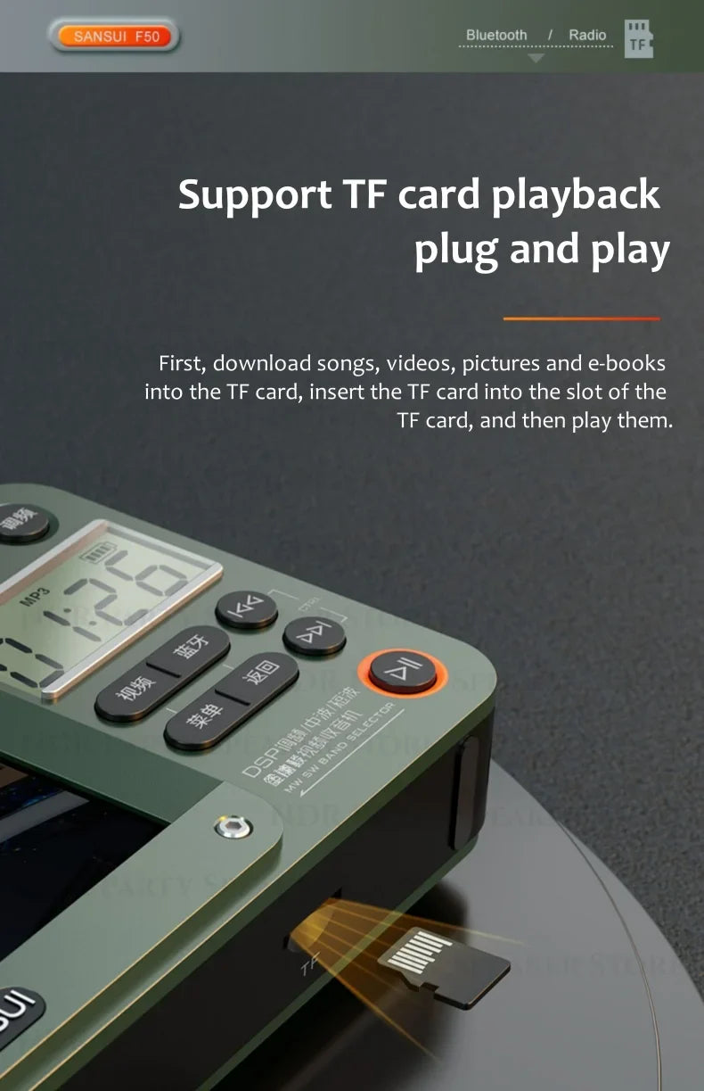 SANSUI Wireless Bluetooth Speakers Home Full-band Radio LED HD Video Player Portable MP4 Walkman Built-in Rechargeable Battery