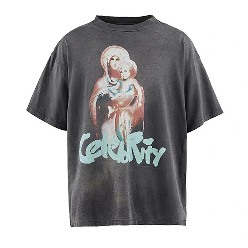 Men Women High Street Vintage Washed Black T-Shirt Top Quality Cototn TEE 3D Cracked Letters Logo Print Saint T Shirt With Tags - Premium  from Lizard Vigilante - Just $64.99! Shop now at Lizard Vigilante