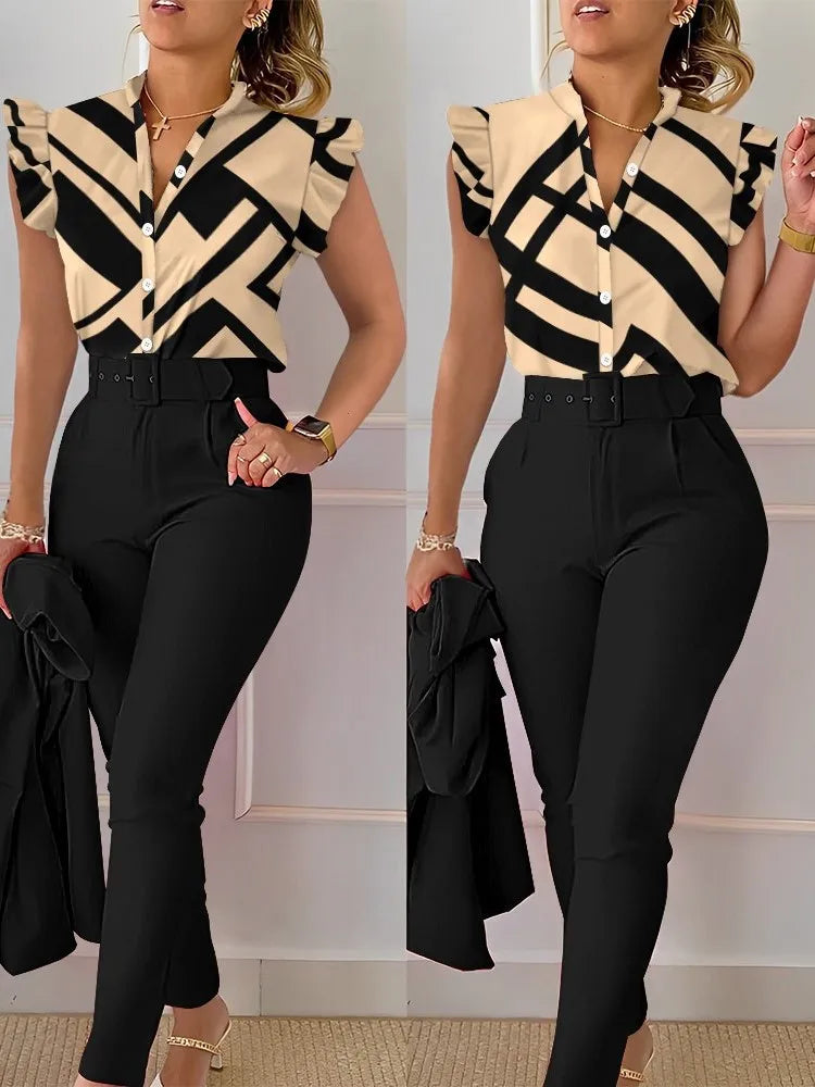 Women's Elegant Floral Slim Two-Piece Set - V-Neck Flying Sleeve Top & High-Waist Pencil Pants with Sash Belt - Premium suit from Lizard Vigilante - Just $38.88! Shop now at Lizard Vigilante