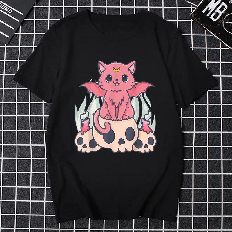 Women Halloween Pastel Goth Cute Creepy Demon Cat and Skull T Shirt Pastel Goth Creepy Cat Japanese Manga Printed T-shirt - Premium T-Shirt from Lizard Vigilante - Just $22.99! Shop now at Lizard Vigilante