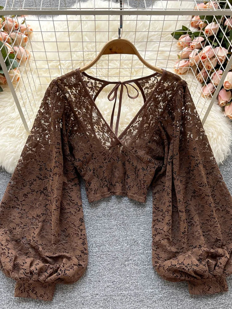 Elegant Lace V-Neck Blouse for Women – Sexy Puff Sleeve, Open Back Short Top, Autumn Party Blusas - Premium  from Lizard Vigilante - Just $42.88! Shop now at Lizard Vigilante