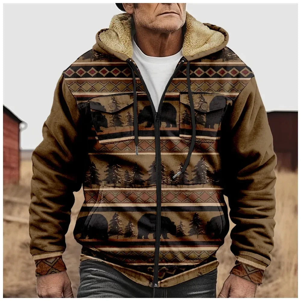 Retro Aztec Geometric Winter Jacket – Men's Plush Thick Streetwear Hunting Coat with Art Graphics & Fleece Lining - Premium jacket from Lizard Vigilante - Just $56.66! Shop now at Lizard Vigilante