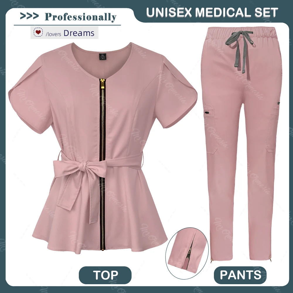 Unisex Medical Scrub Set | Fashionable & Breathable Beauty Salon & Nurse Uniform | Zipper Lapel Design - Premium scrubs from Lizard Vigilante - Just $58.88! Shop now at Lizard Vigilante